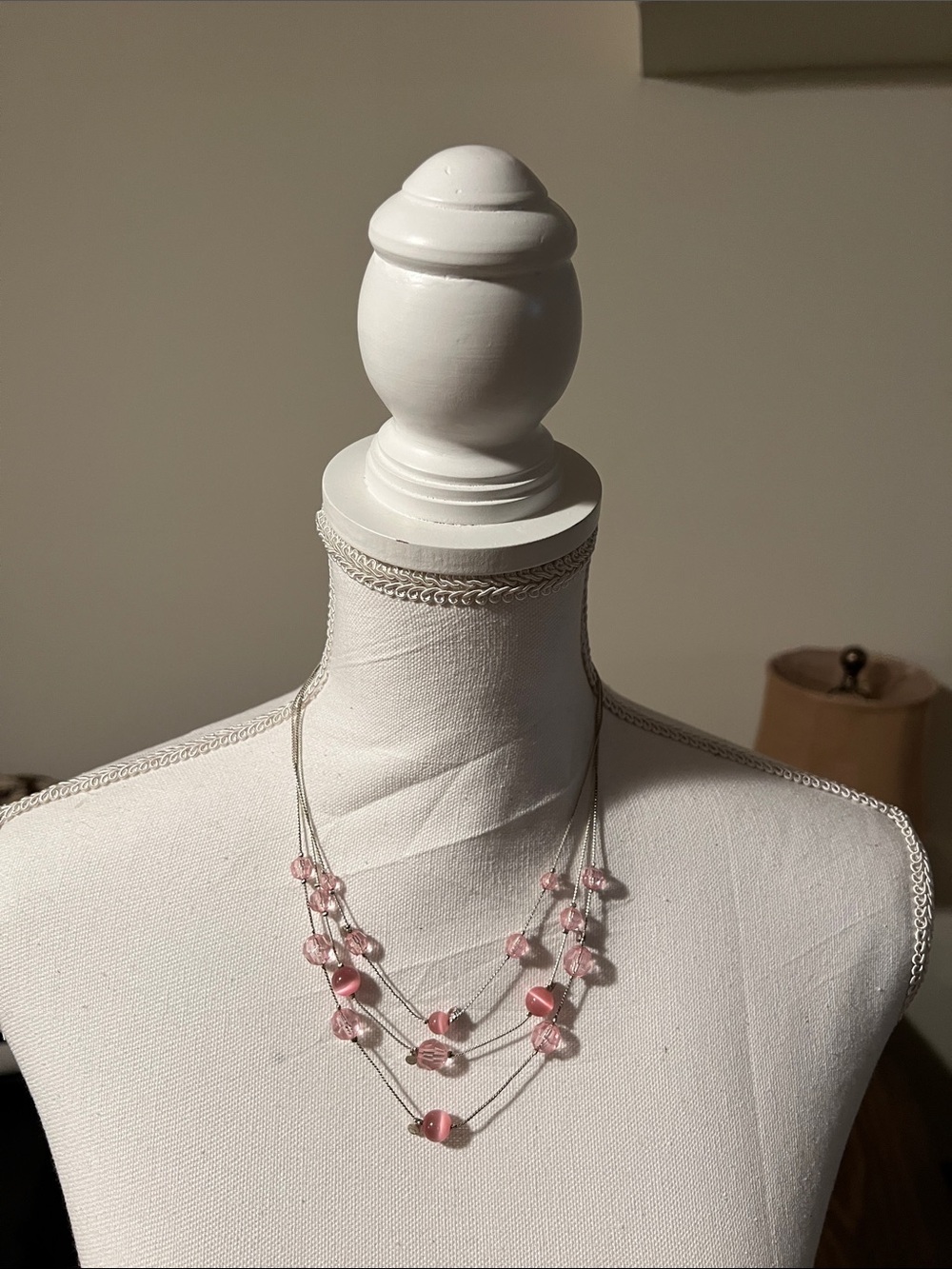 Pink Beaded Multi Strand Layered Silver Tone Necklace